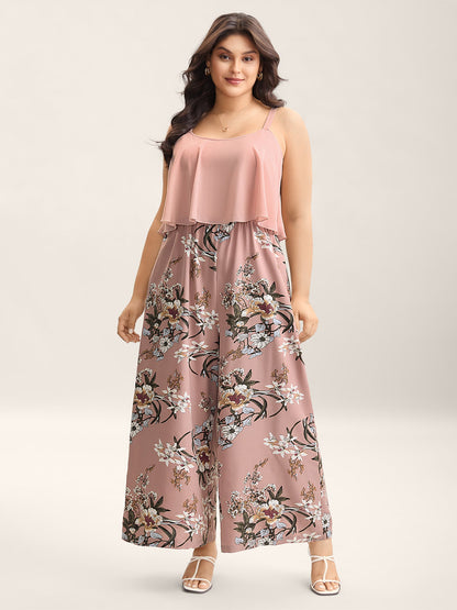 Large Flower Print Spliced Wide-Leg Jumpsuit