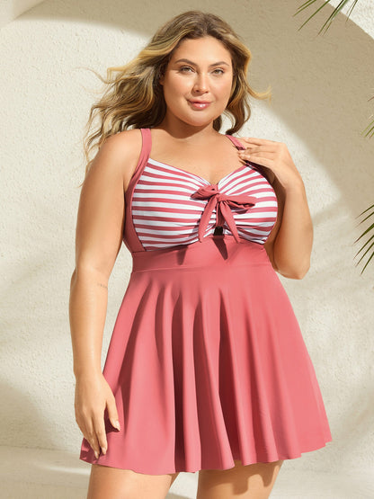 Stripes Patchwork Tie Knot Cross Straps Swim Dress
