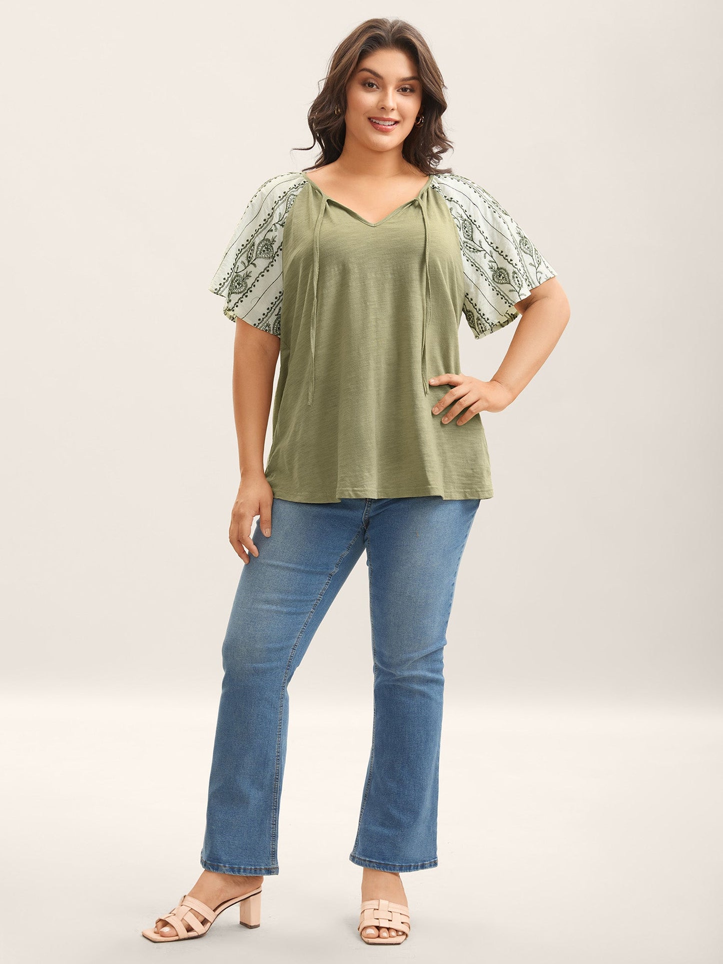 Boho Print Neck Tie Plain Top