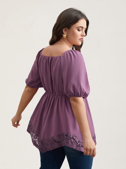 Sweetheart Neck Lace High-Low Hem Shirt