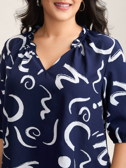 Scribble Print Ruffled Split Neck Blouse
