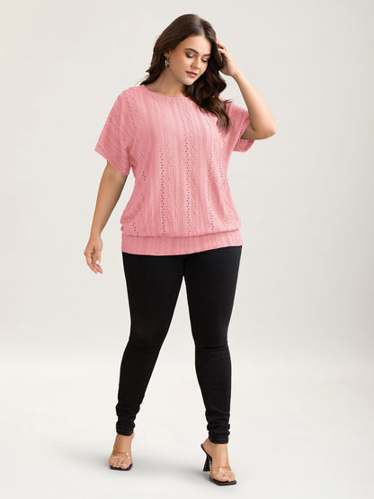 Eyelet Trim Stretchy Textured Plain Top