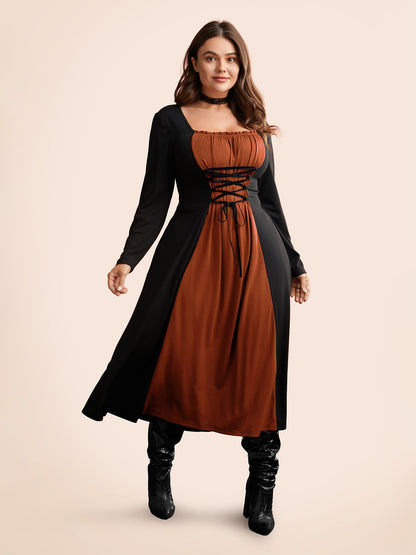 Stretchy Knit Adjustable Tie Frill Trim Midi Dress