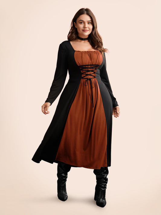 Stretchy Knit Adjustable Tie Frill Trim Midi Dress