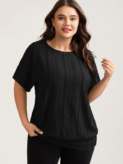 Eyelet Trim Stretchy Textured Plain Top