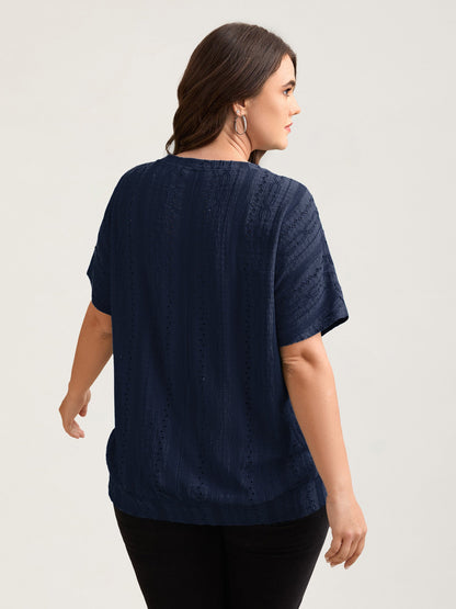 Eyelet Trim Stretchy Textured Plain Top