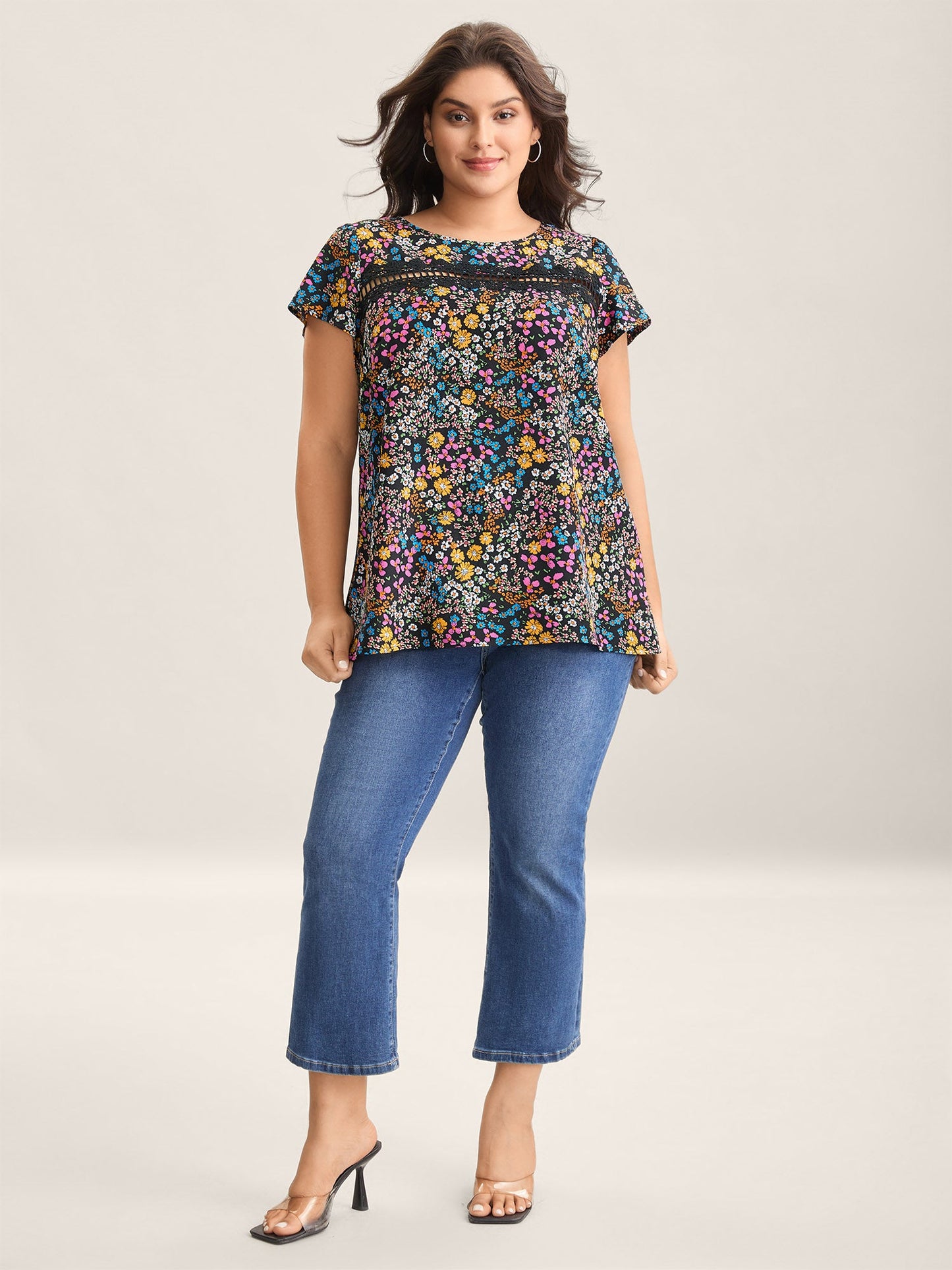 Multi-Color Floral Print Lace Spliced Blouse