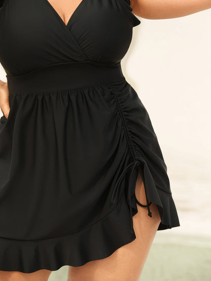 Ruffled Hem Flutter Sleeve Drawstring Swim Dress