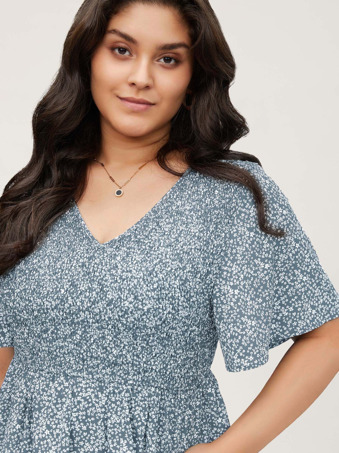 Ditsy Floral Shirred Ruffle Sleeve Elastic Waist Blouse