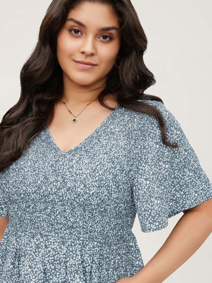 Ditsy Floral Shirred Ruffle Sleeve Elastic Waist Blouse