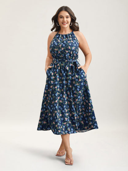 Floral Print Belted Stretchy Waist Midi Dress