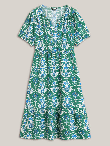 Boho Pattern Stretchy Waist Pockets Midi Dress