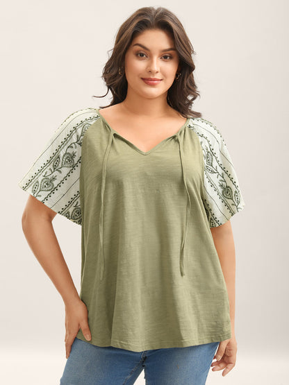 Boho Print Neck Tie Plain Top