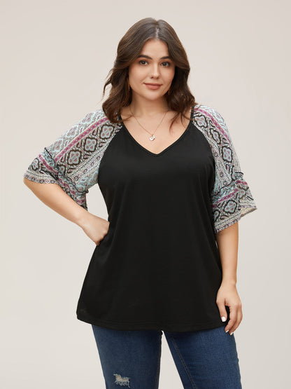 Boho Print Patchwork Raglan Sleeve T-shirt