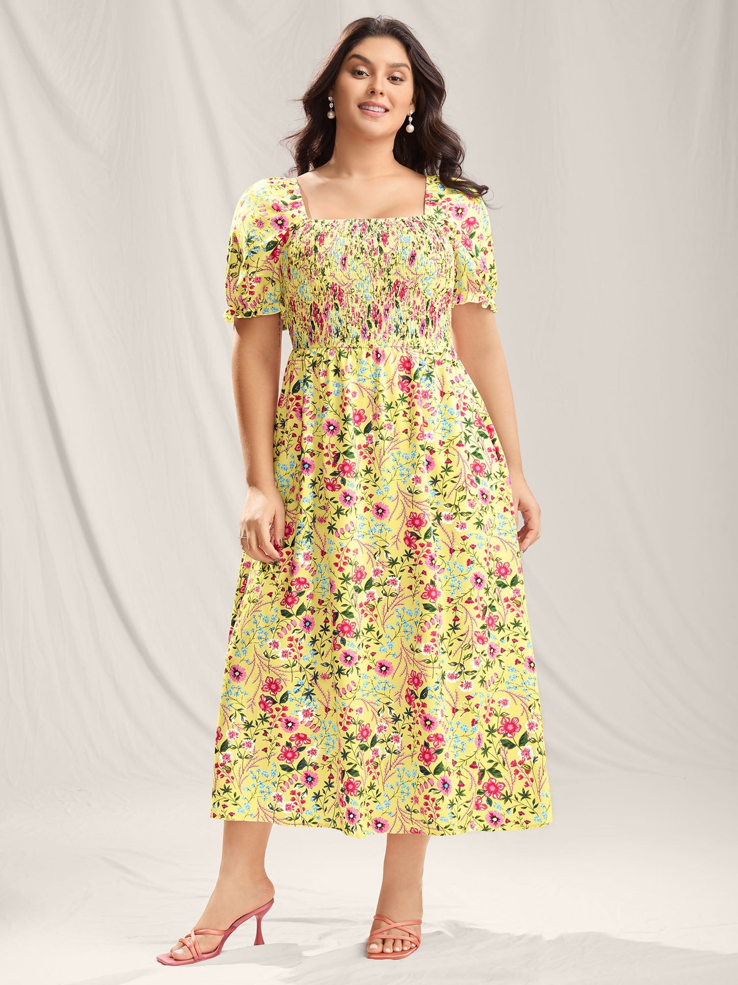 Shirred Floral Print Pockets Maxi Dress