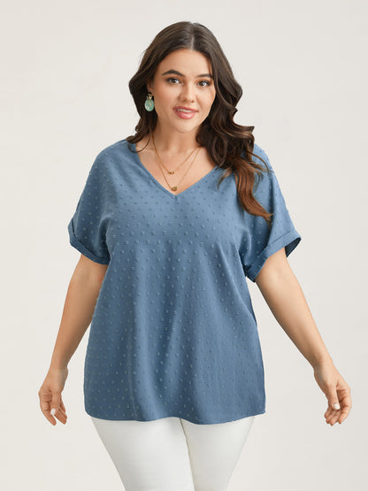 Back-Button Textured V-Neck Shirt