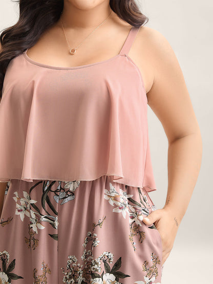 Large Flower Print Spliced Wide-Leg Jumpsuit