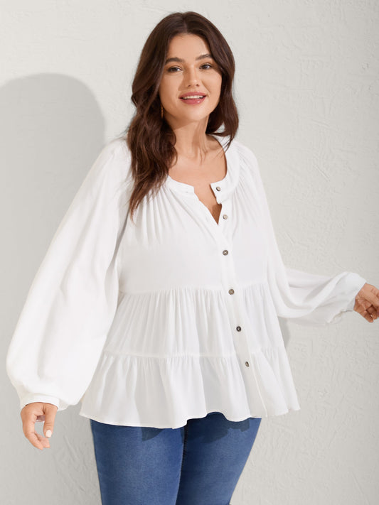 Tiered Button Placket Puffy Sleeve Blouse