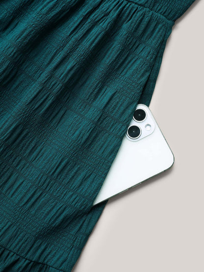 Stretchy Waist Frill Trim Pockets Midi Dress