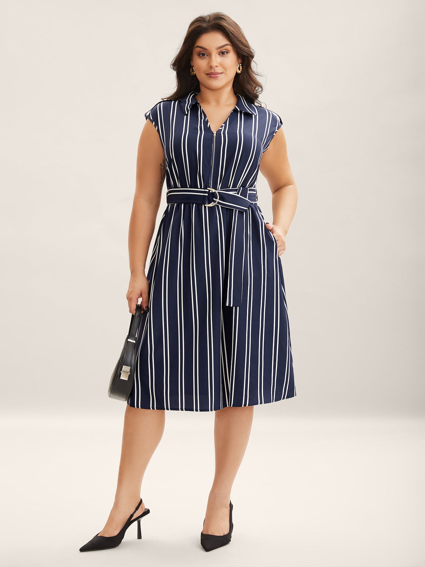 Stripe Print Zipper Belted Midi Dress