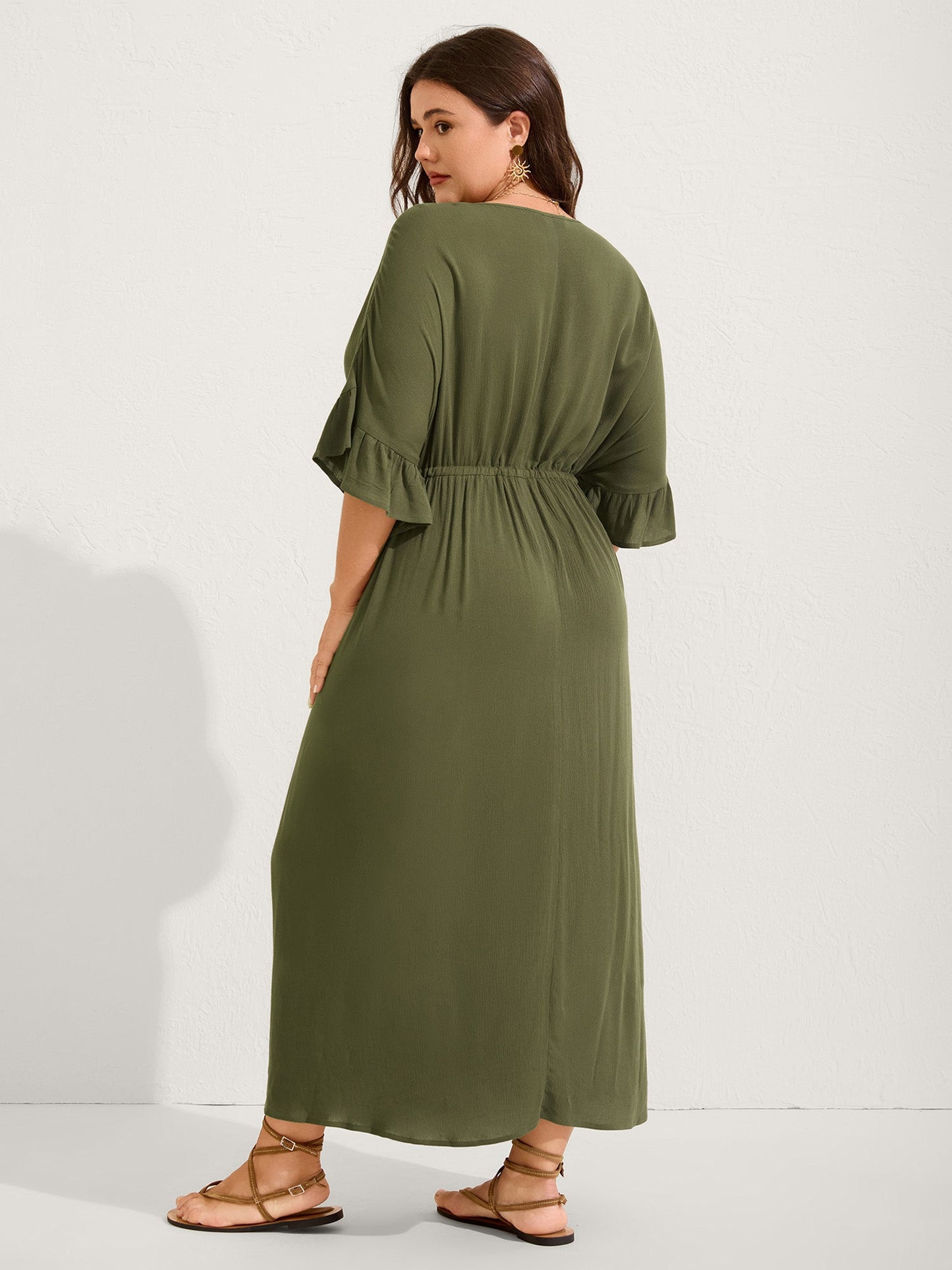 Waist-Defining Tie Ruffled Sleeve Midi Dress
