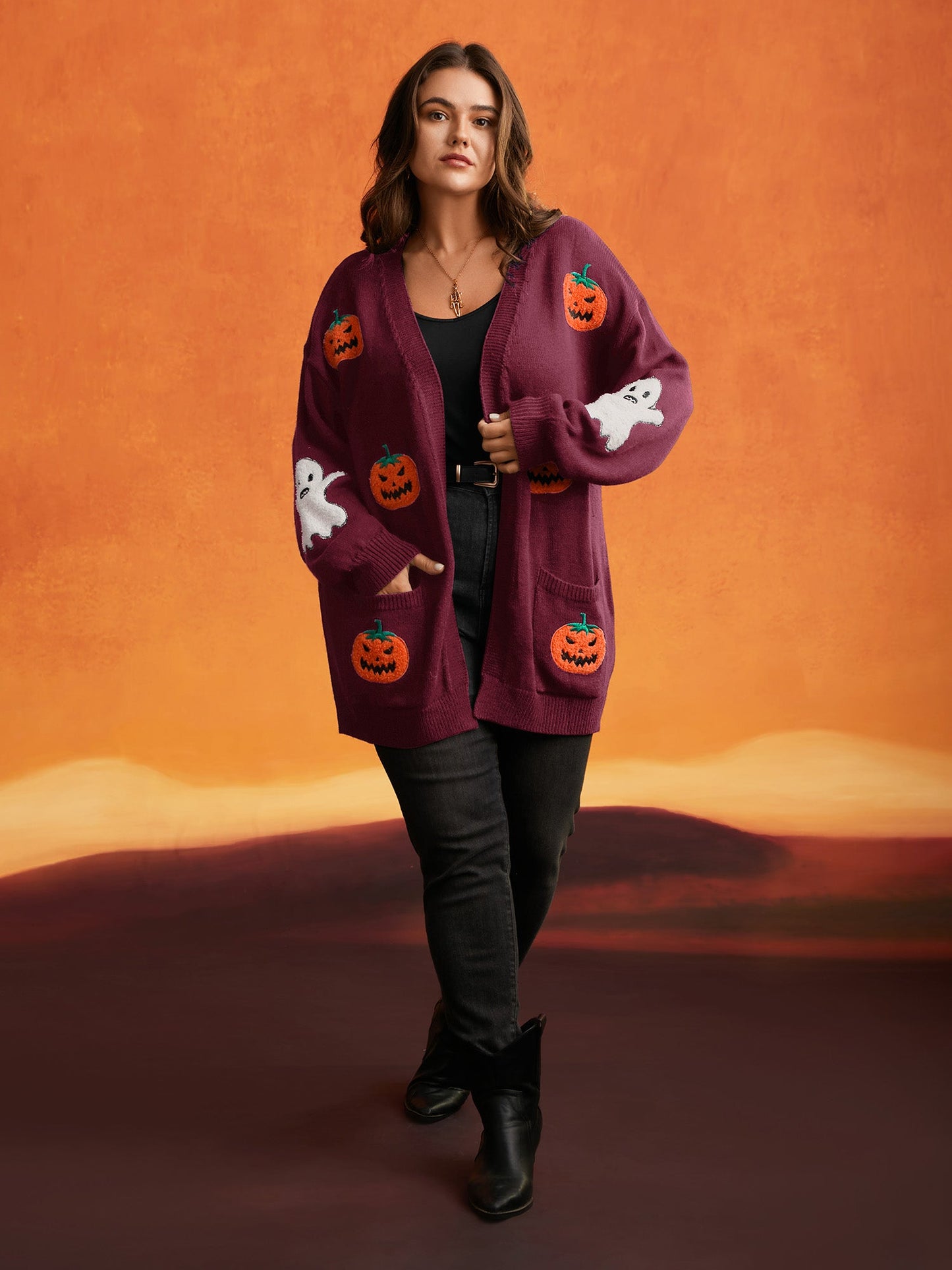 Pumpkin Ghost Embroidery Open Cardigan