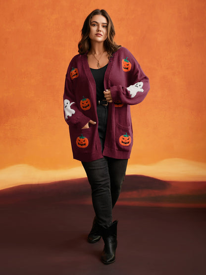 Pumpkin Ghost Embroidery Open Cardigan