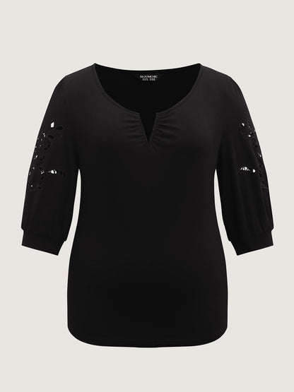 Cut-Out Embroidery Sleeve Solid T-Shirt