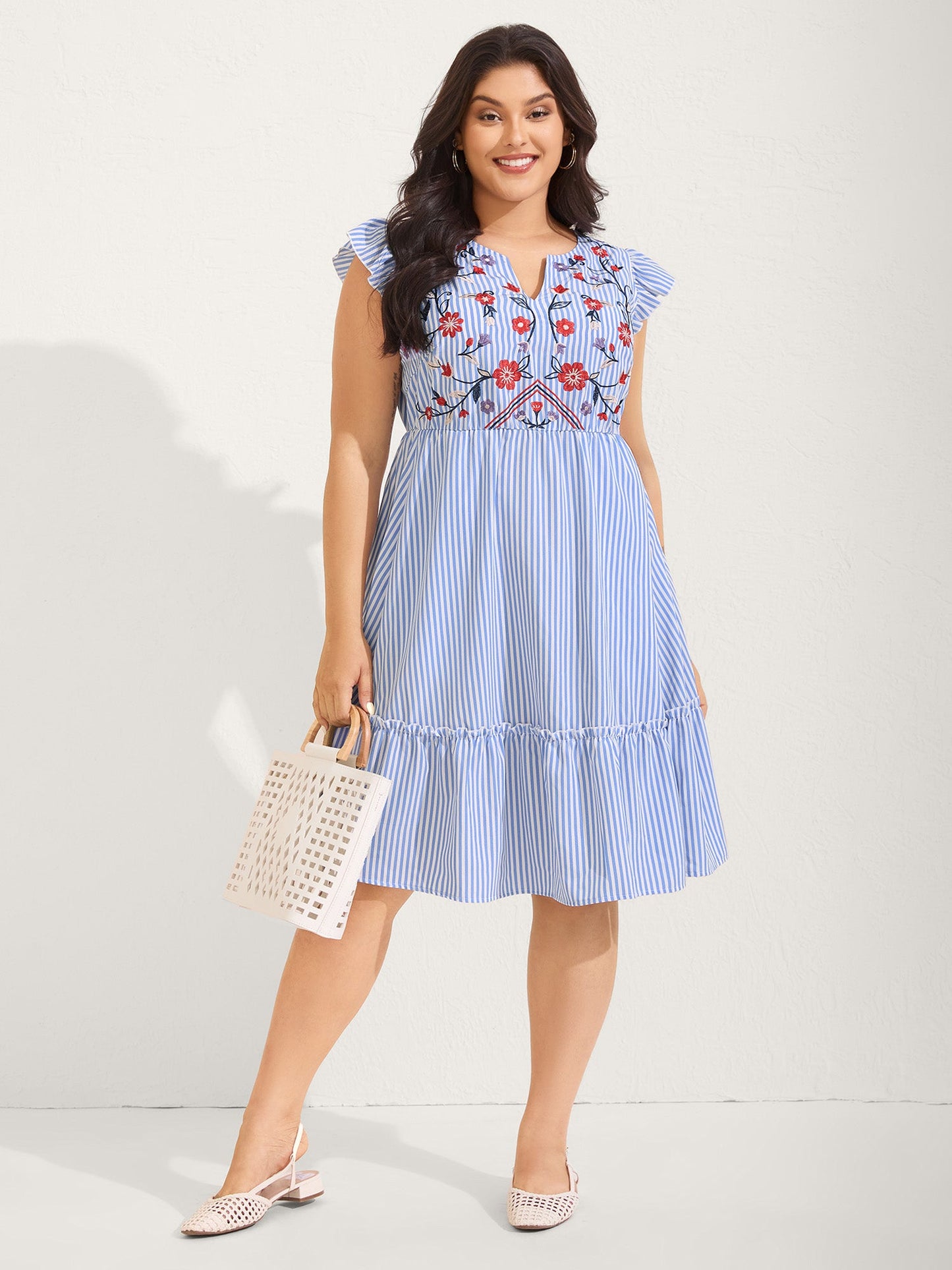 Floral Embroidery Stripes Flutter Midi Dress