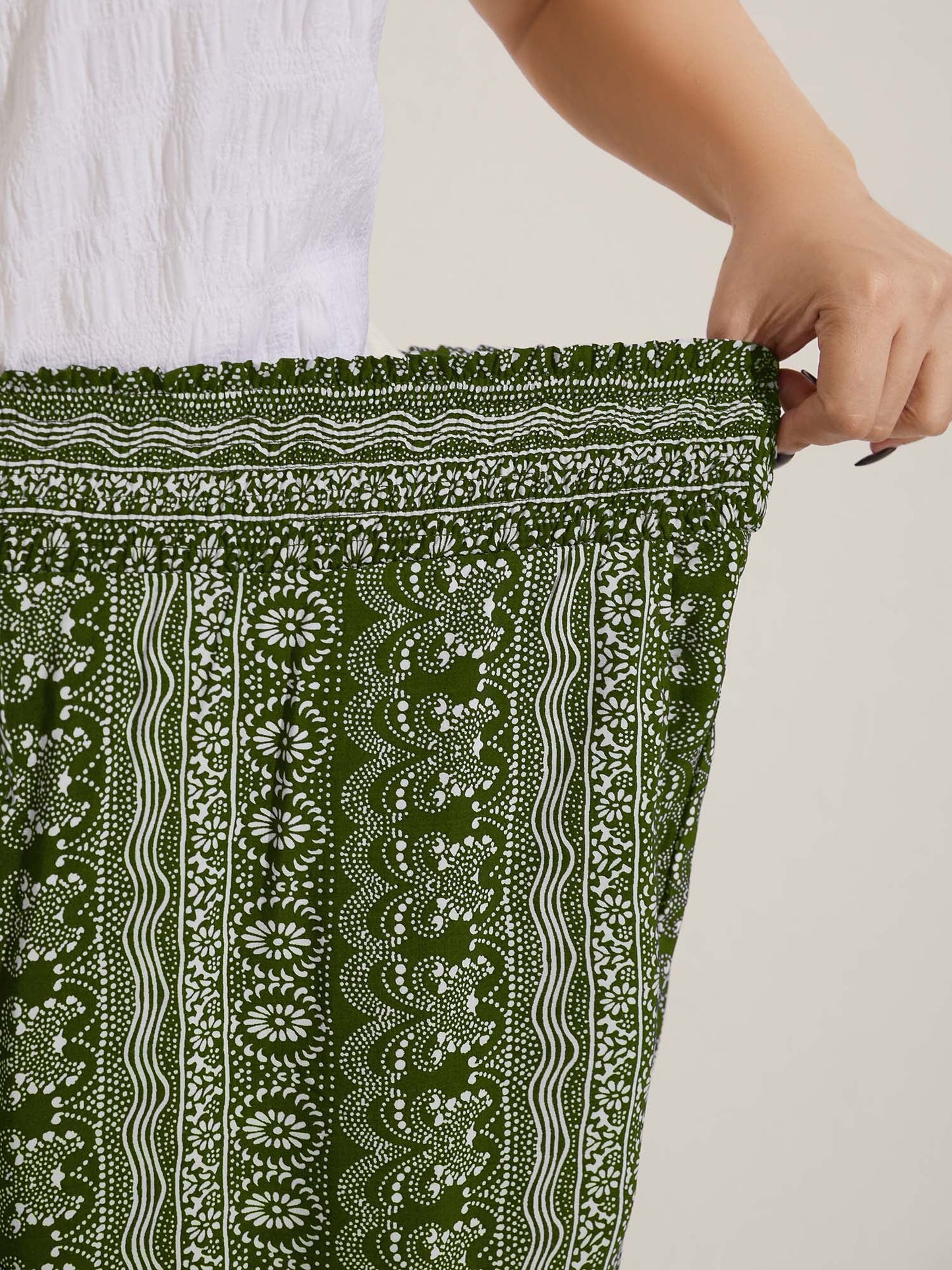 Boho Print Shirred Waist Wide-Leg Pants