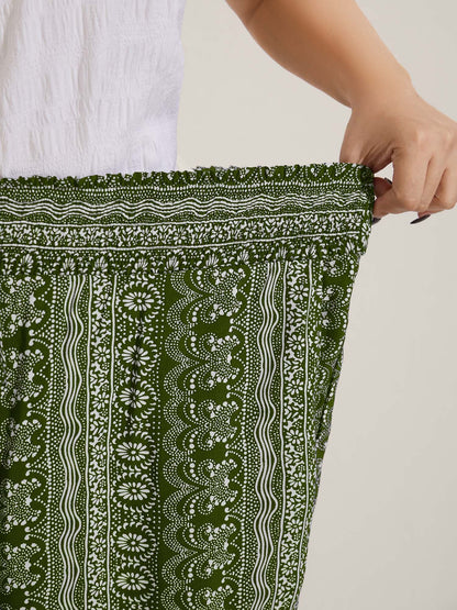 Boho Print Shirred Waist Wide-Leg Pants