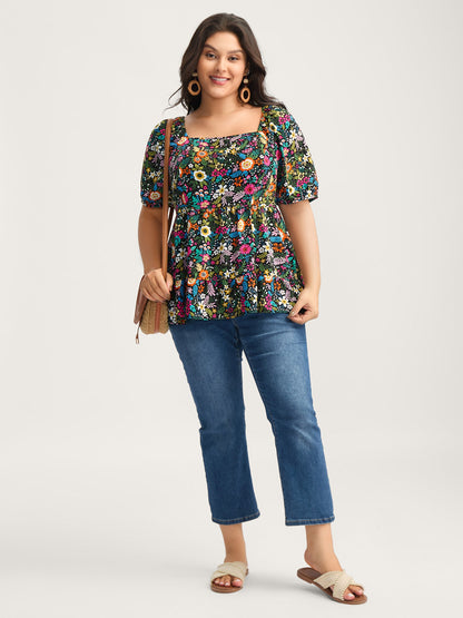 Floral Square Neck Fit and Flare Blouse