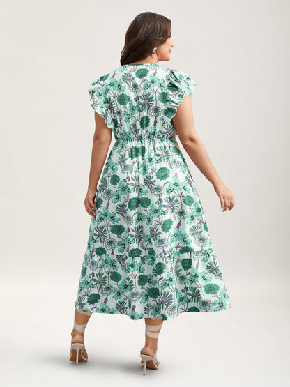 Ruffled Floral Print Stretchy-Waist Midi Dress