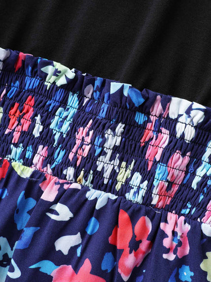 Floral Color Contrast Shirred Jumpsuit