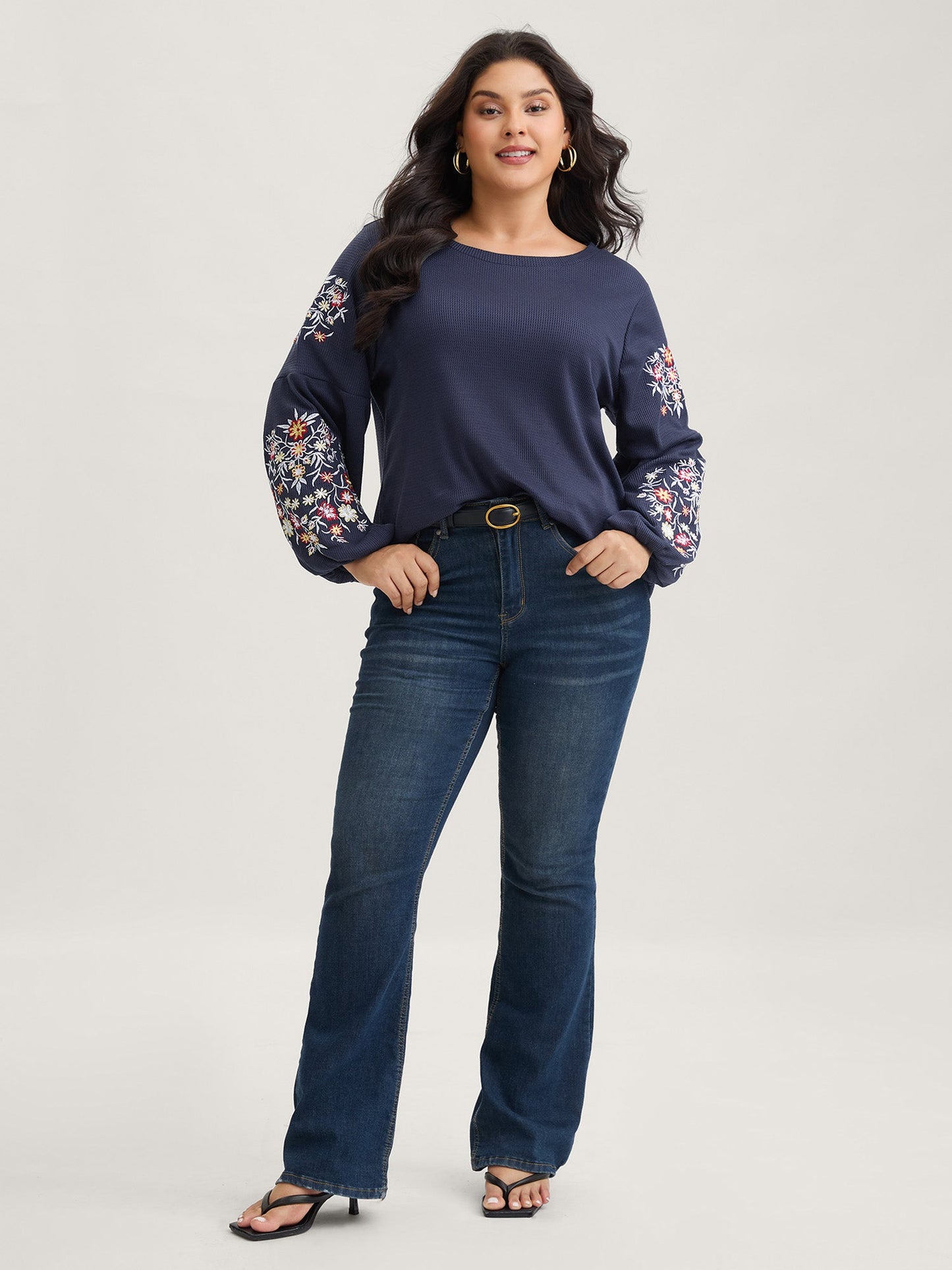 Waffle Knit Floral Embroidered Lantern Sleeve T-shirt