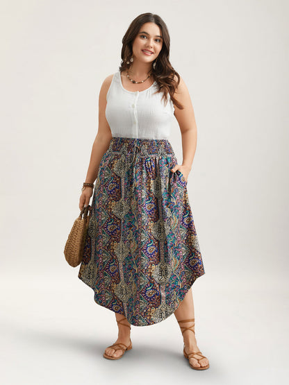 Boho Print Shirred Waist Midi Skirt