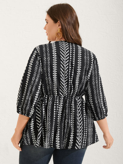 Bandana Geometric Lantern Sleeve Gathered Blouse