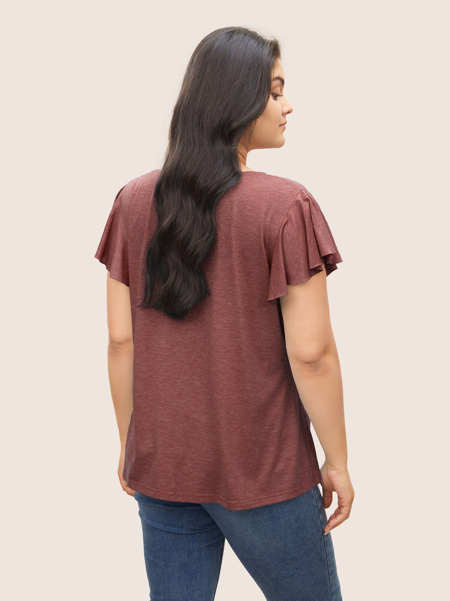 Solid Heather Gathered Ruffle Sleeve T-shirt