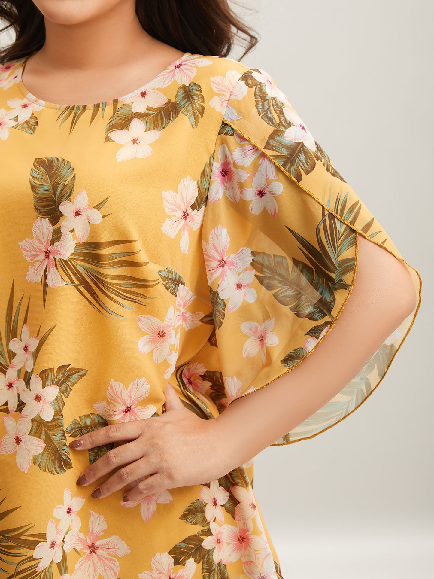 Petal Sleeve Floral Round Neck Shirt