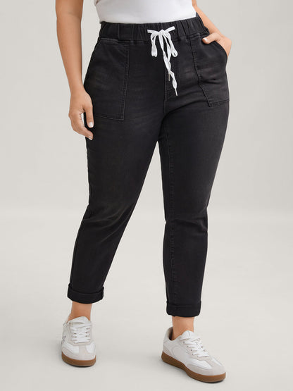 Drawstring Elastic Waist Roll Hem Jeans