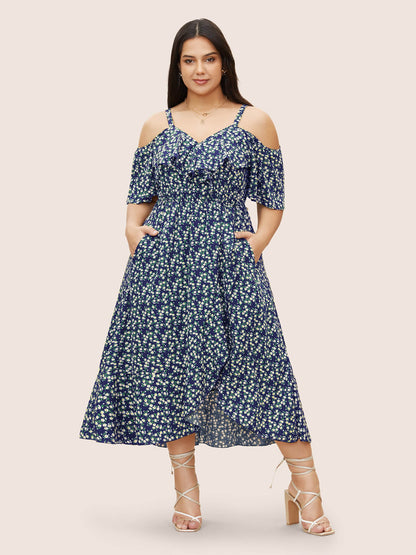 Ditsy Floral Pocket Wrap Cold Shoulder Ruffle Dress