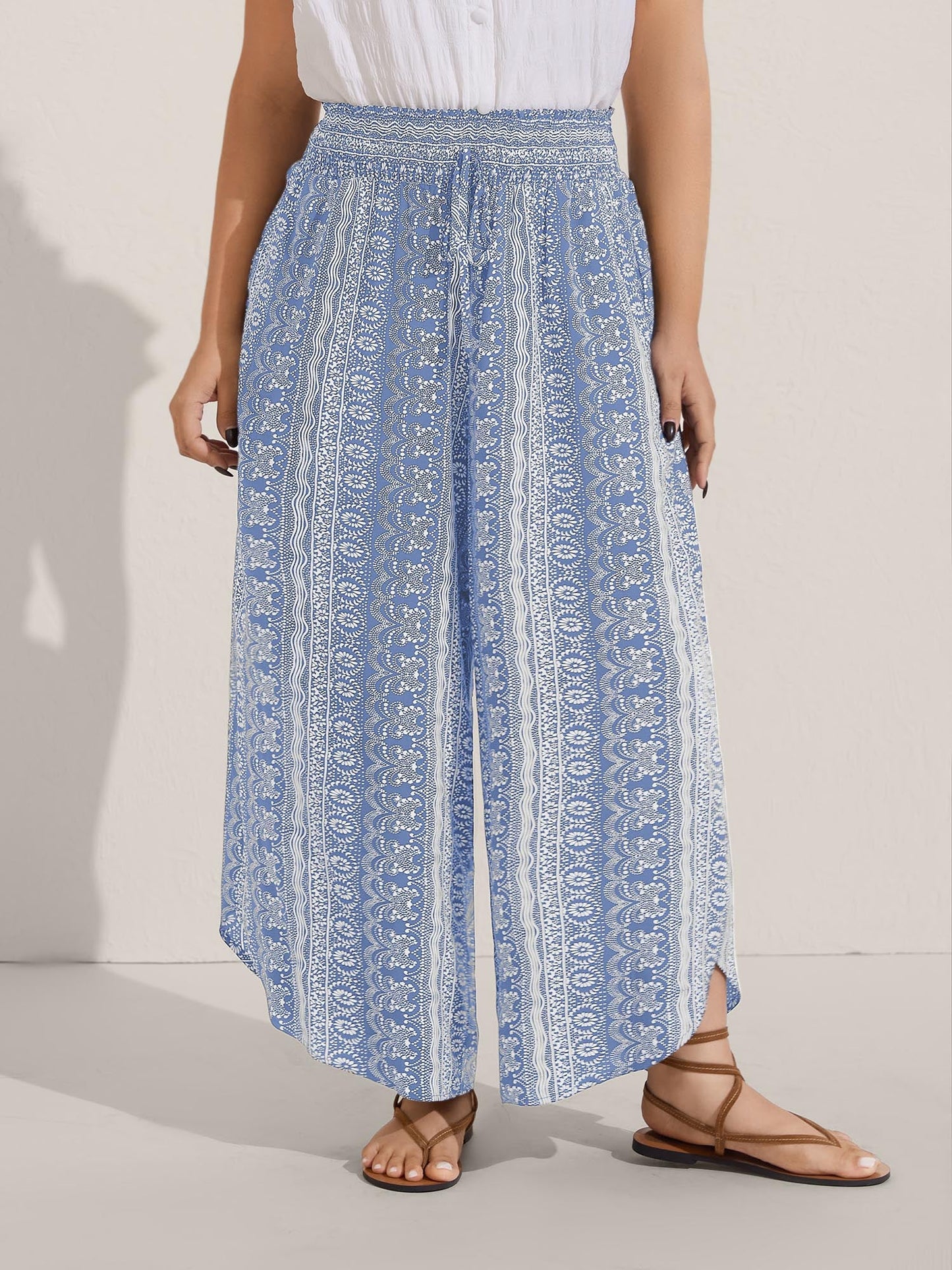 Boho Print Shirred Waist Wide-Leg Pants