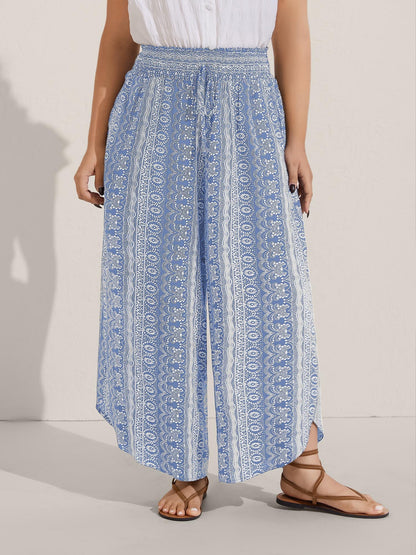 Boho Print Shirred Waist Wide-Leg Pants