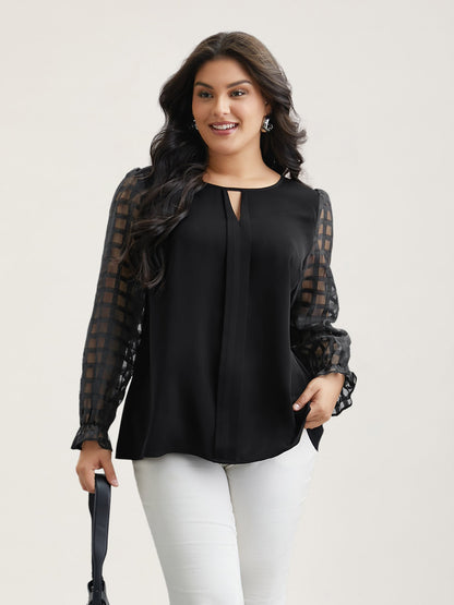 Sheer Textured Sleeve Neck Cut-Out Shirt