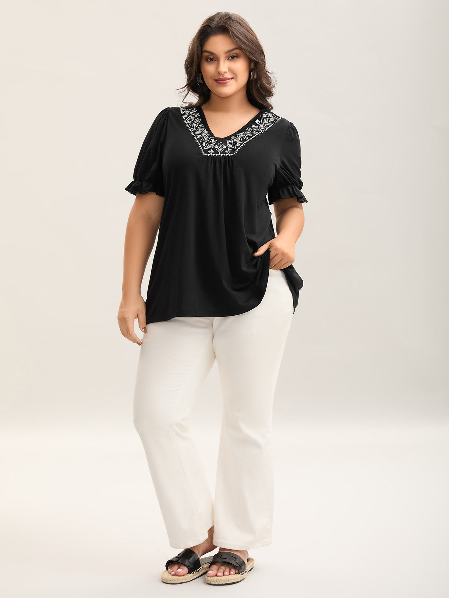 Embroidered V-Neck Puff Sleeve Plain Top