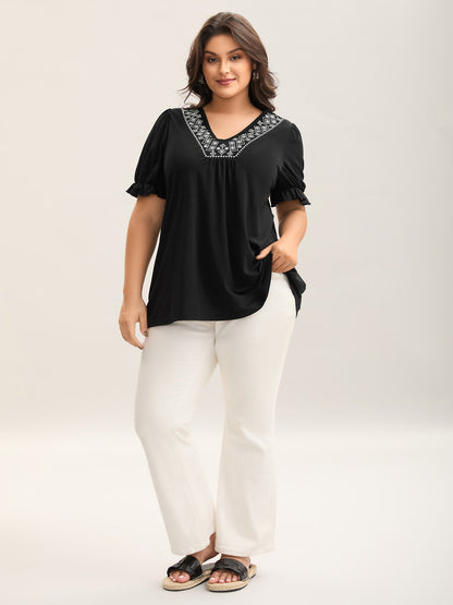 Embroidered V-Neck Puff Sleeve Plain Top