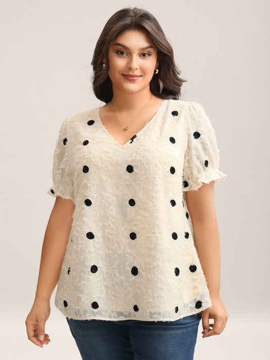 Textured Dots V-Neck Puff Sleeve Blouse