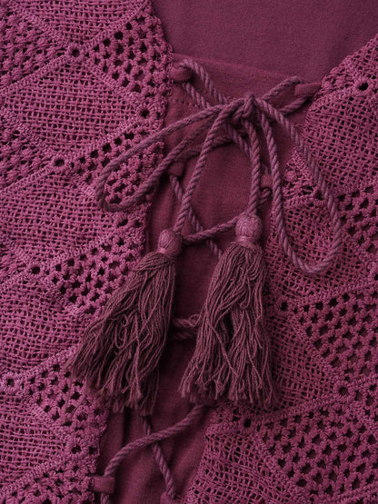 Lace-Up Tassels Patchwork Plain Top