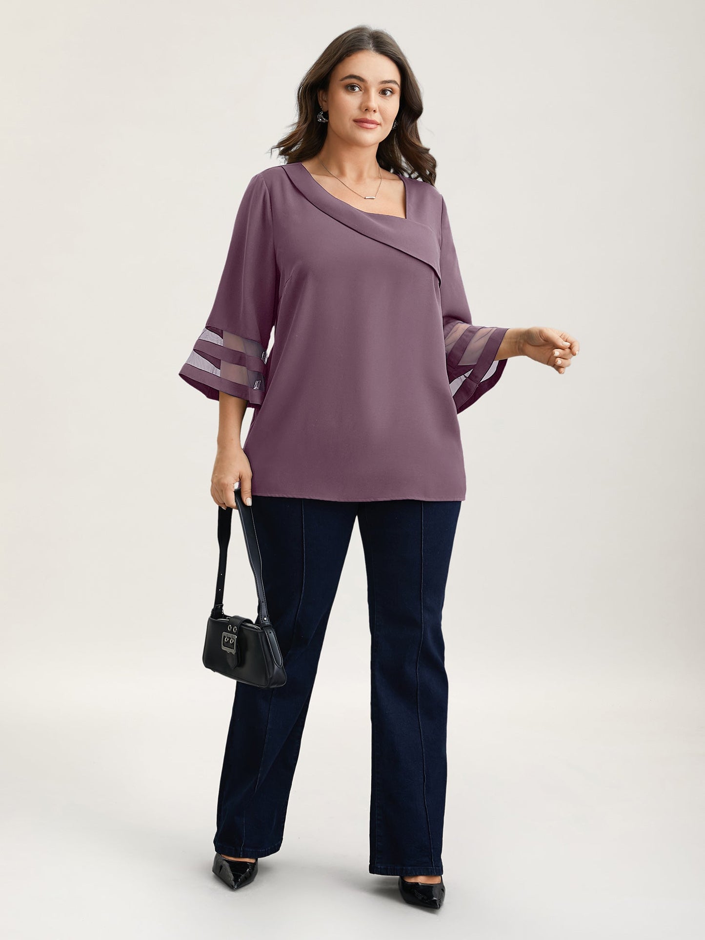 Sheer Sleeve Patchwork Asymmetrical Neckline Blouse