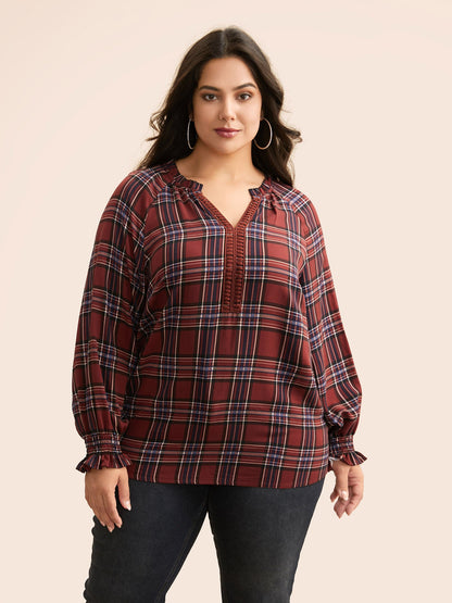Plaid Contrast Webbing Ruffle Trim Blouse